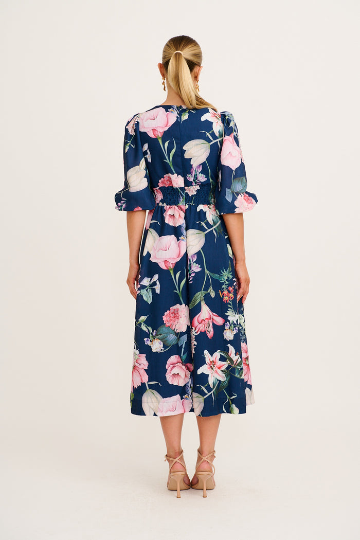Aleda Maxi Dress in Navy Floral Linen Blend back