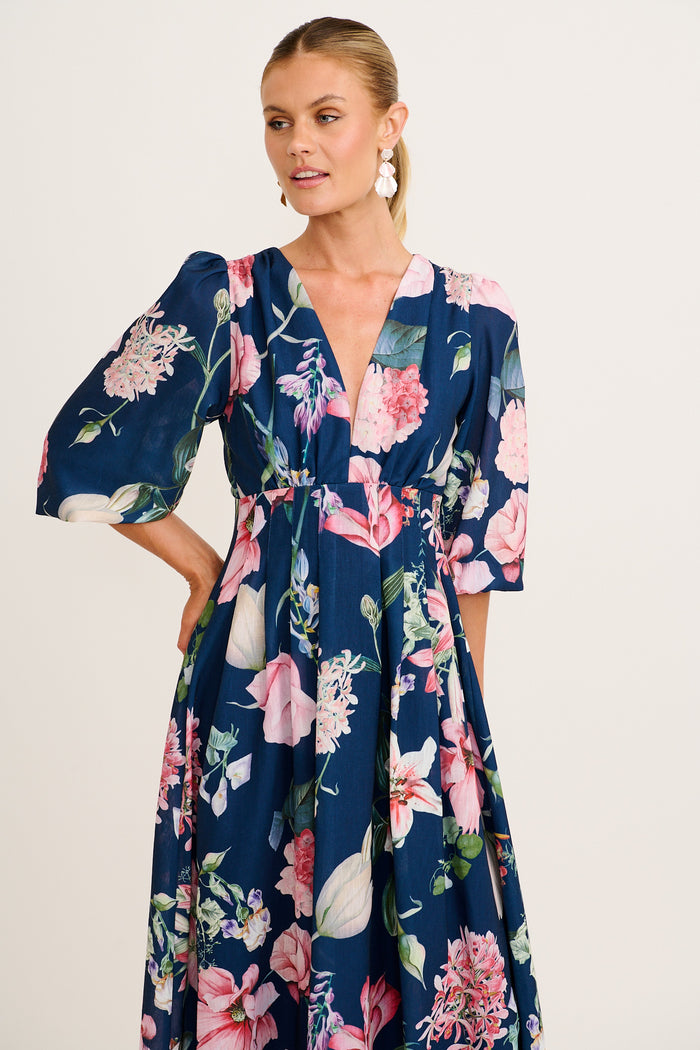 Aleda Maxi Dress in Navy Floral Linen Blend front