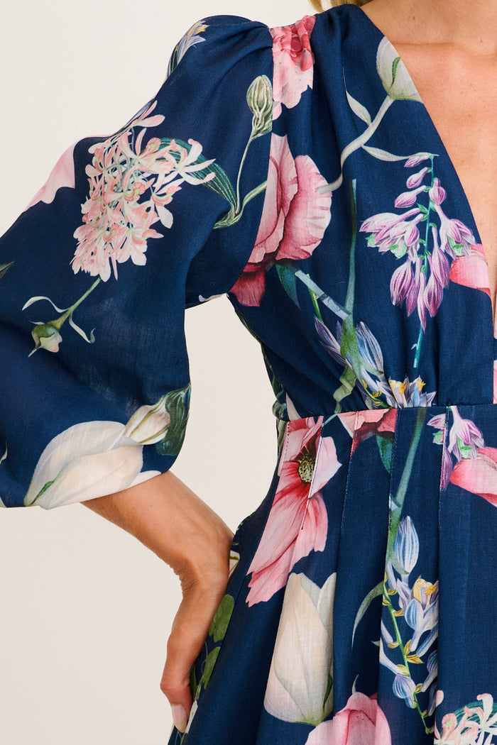 Aleda Maxi Dress in Navy Floral Linen Blend detail