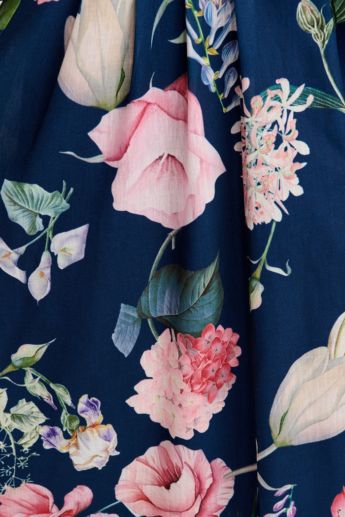 Aleda Maxi Dress in Navy Floral Linen Blend fabric