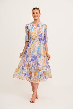 Ramsey Midi Dress in Blue Multi Paisley Print full length