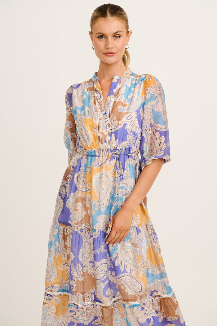 Ramsey Midi Dress in Blue Multi Paisley Print front