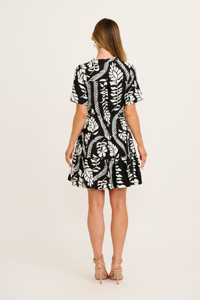 Diva Delight Dress in Black with White Leaf Print back