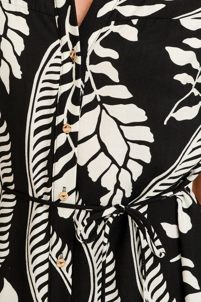 Diva Delight Dress in Black with White Leaf Print detail