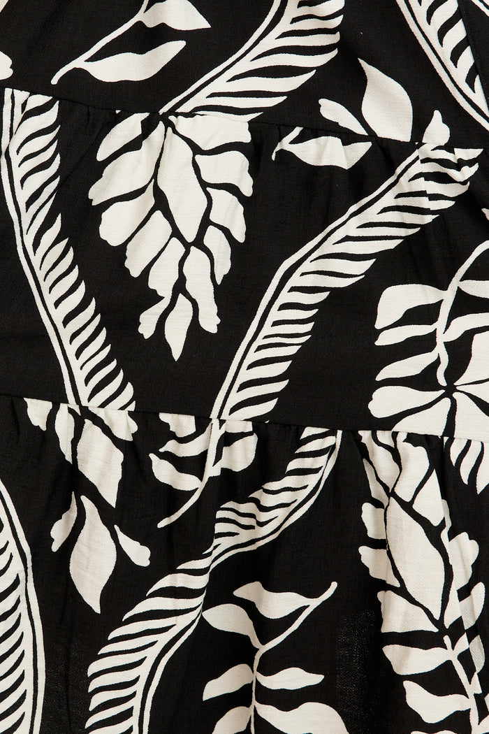 Diva Delight Dress in Black with White Leaf Print fabric