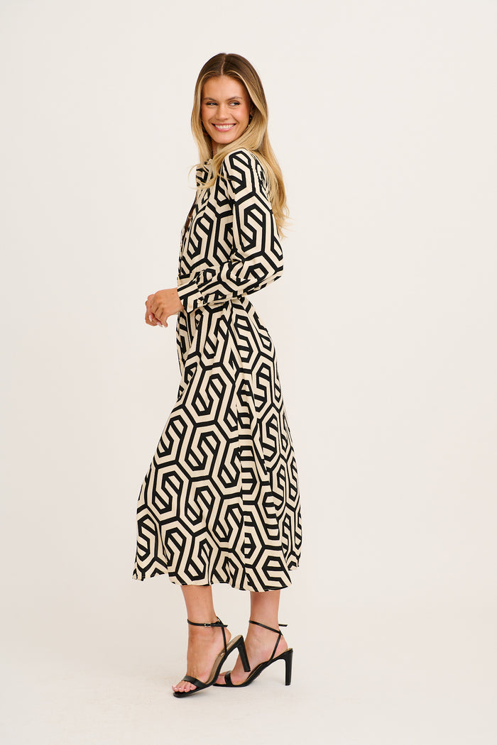 Dazy Maxi Shirt Dress in Cream With Black Geometric Print side