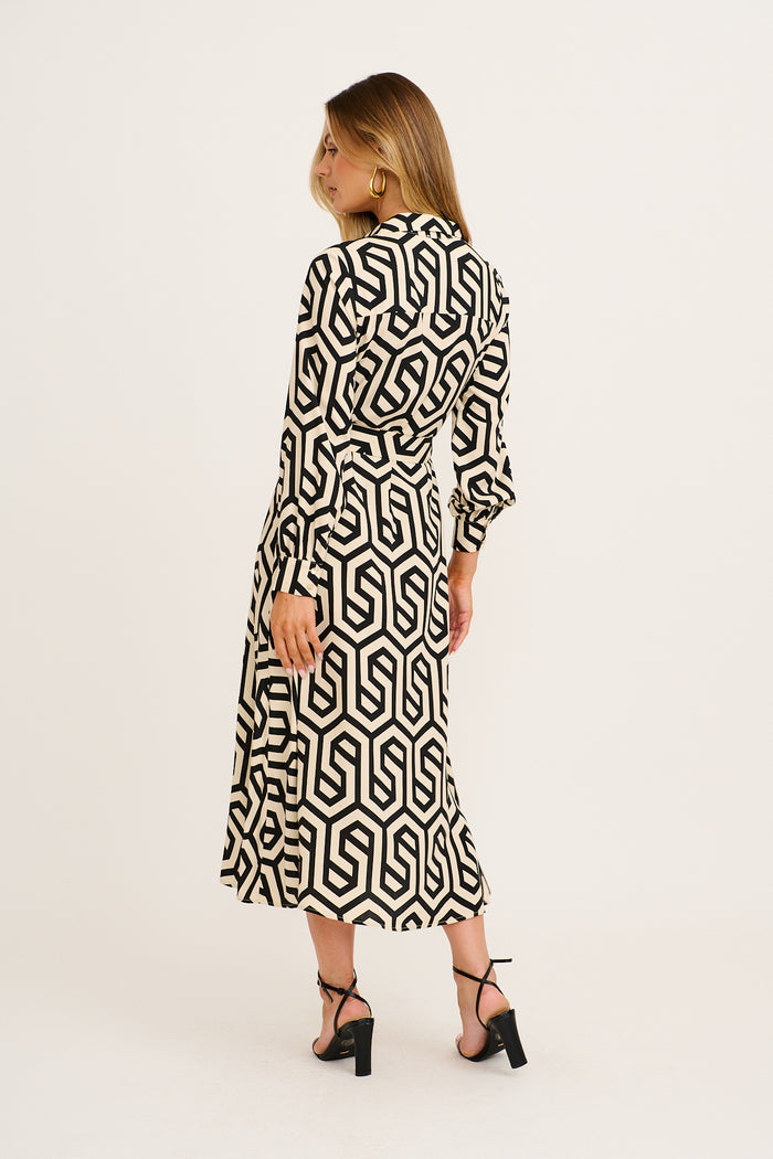 Dazy Maxi Shirt Dress in Cream With Black Geometric Print back