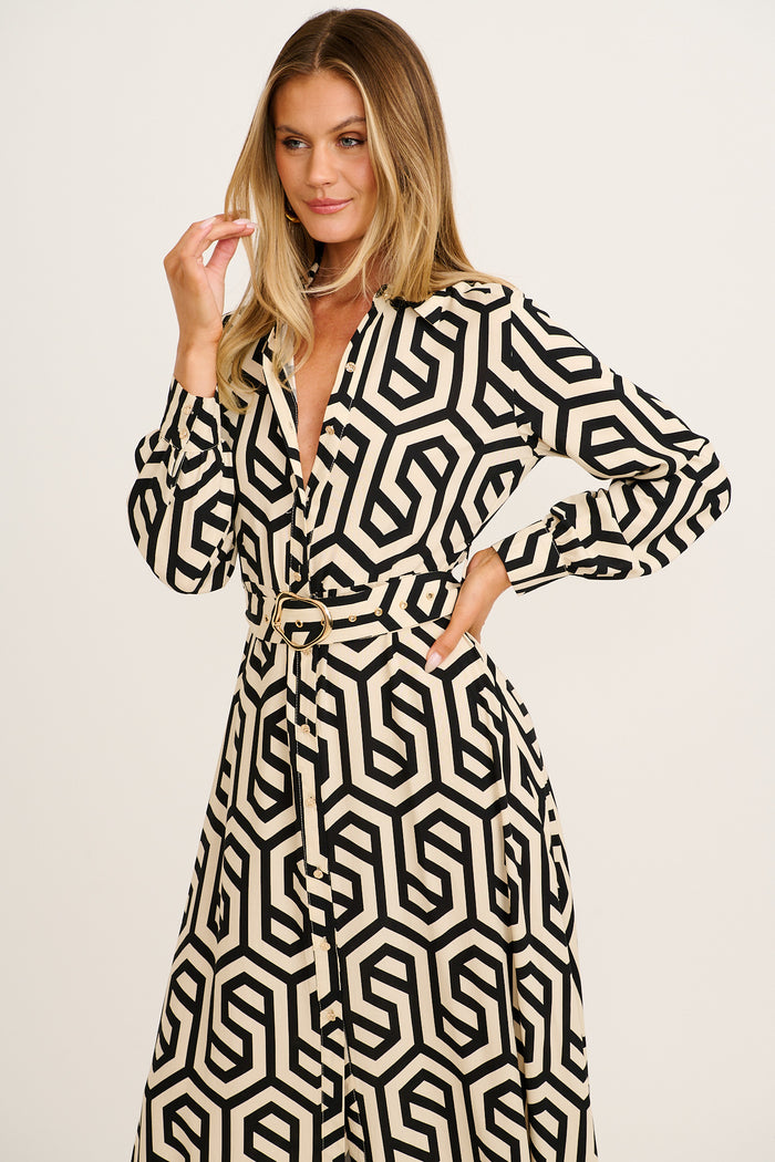 Dazy Maxi Shirt Dress in Cream With Black Geometric Print front