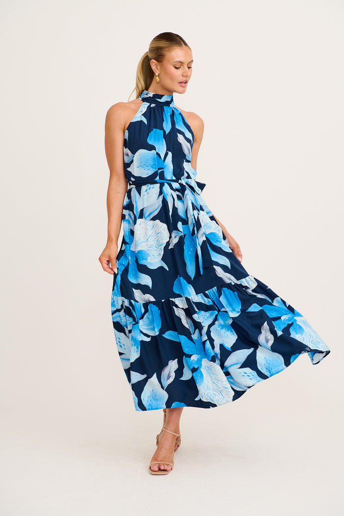 Petal Whisper Maxi Dress in Navy with Blue Floral full length