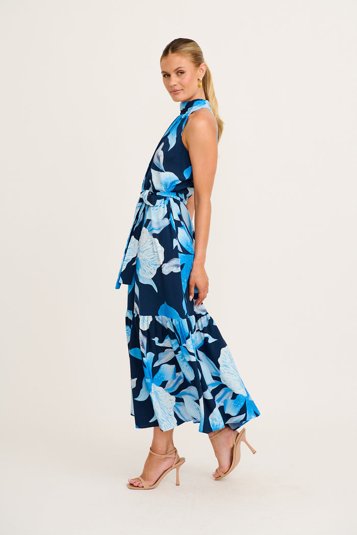 Petal Whisper Maxi Dress in Navy with Blue Floral side