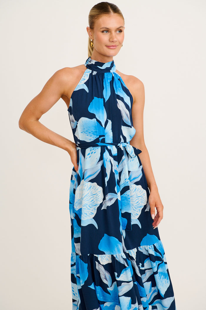 Petal Whisper Maxi Dress in Navy with Blue Floral front