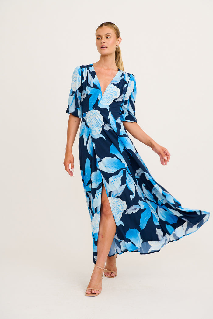 Ronda Maxi Wrap Dress in in Navy with Blue Floral full length