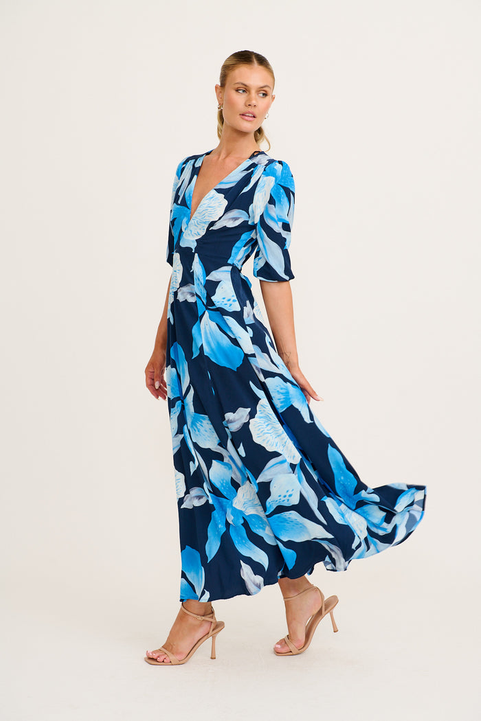 Ronda Maxi Wrap Dress in in Navy with Blue Floral side