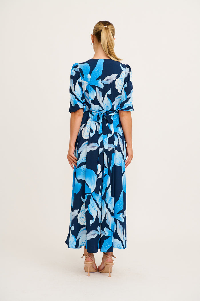 Ronda Maxi Wrap Dress in in Navy with Blue Floral back