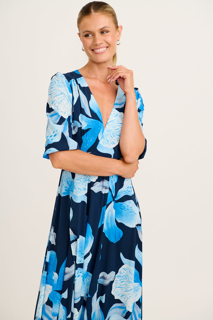 Ronda Maxi Wrap Dress in in Navy with Blue Floral front