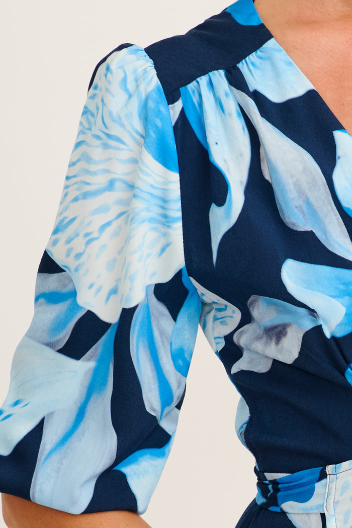 Ronda Maxi Wrap Dress in in Navy with Blue Floral detail