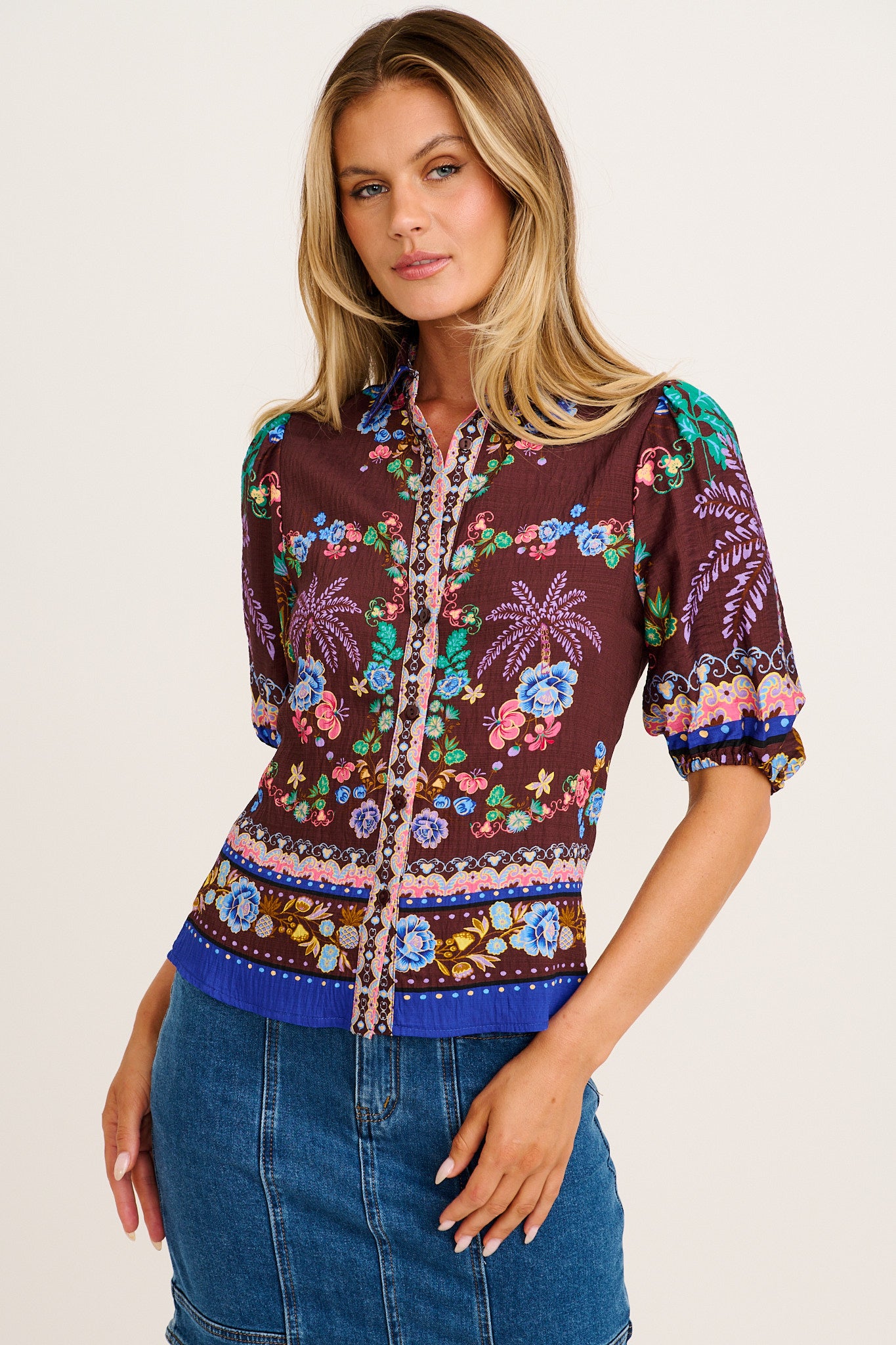 Cheering Top in Chocolate Multi Floral Print Linen Blend front