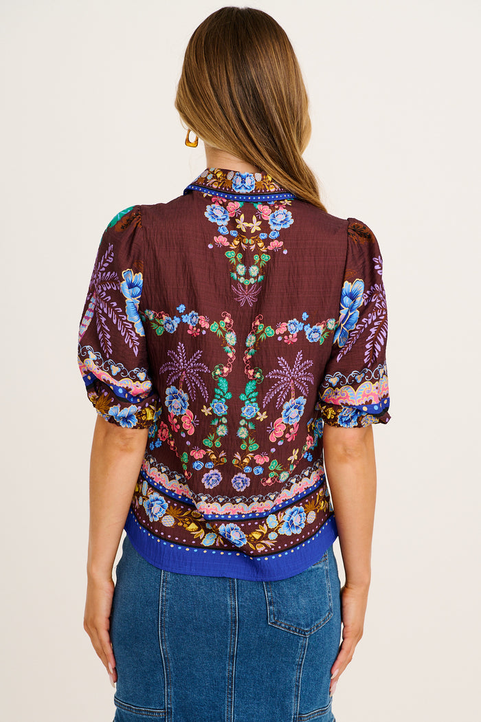 Cheering Top in Chocolate Multi Floral Print Linen Blend back