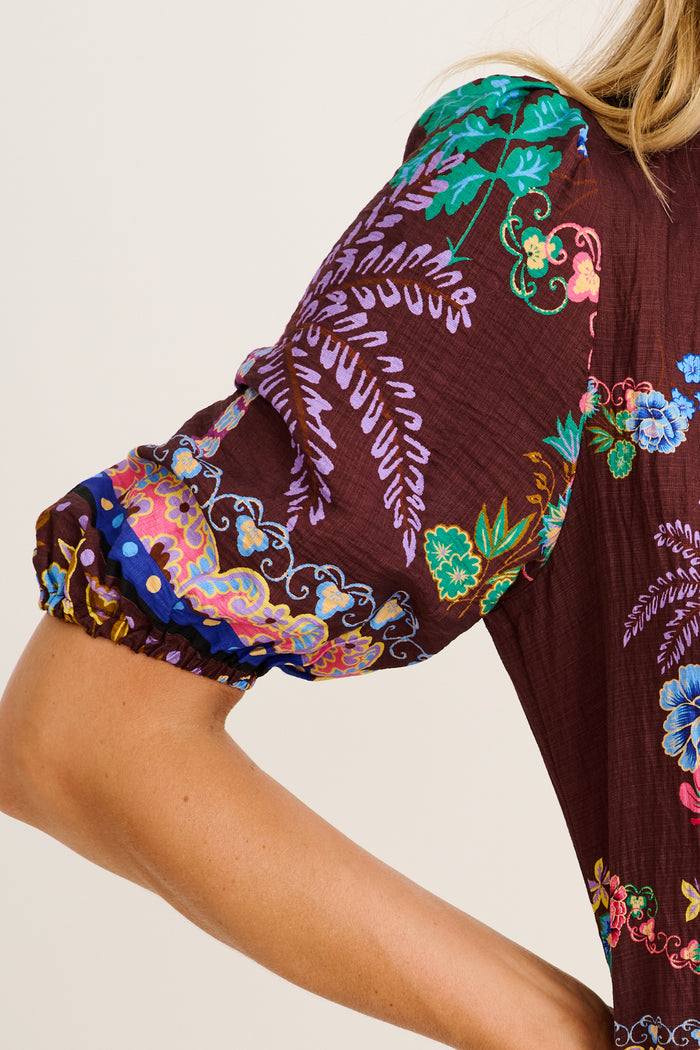 Cheering Top in Chocolate Multi Floral Print Linen Blend detail