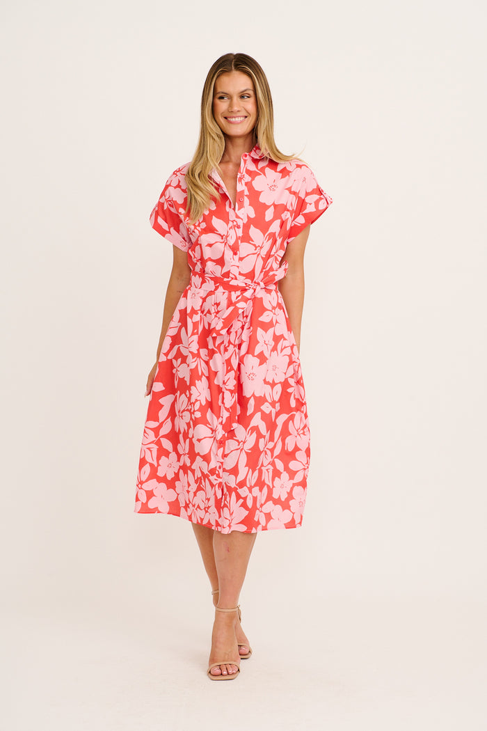 Hartlee Midi Shirt Dress in Red with Pink Floral Cotton full length
