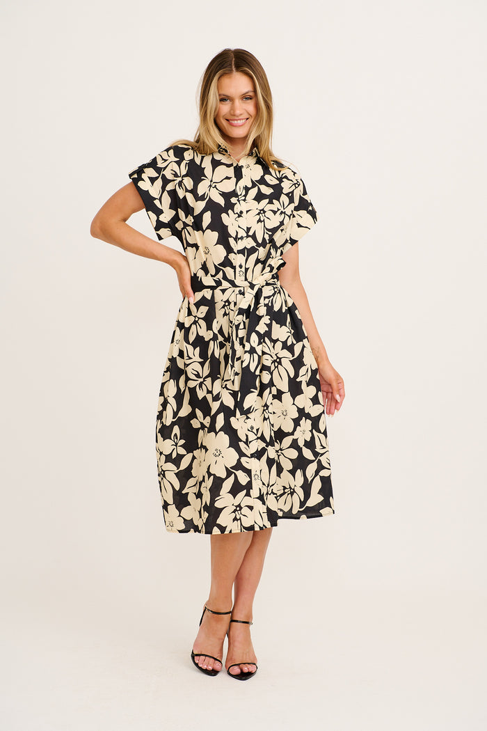Hartlee Midi Shirt Dress in Cream with Black Floral Cotton full length