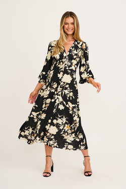 Golden Bloom Maxi Dress in Black Floral full length