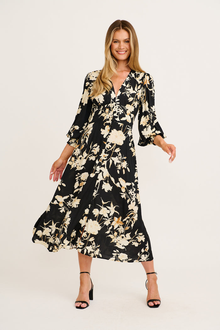 Golden Bloom Maxi Dress in Black Floral full length