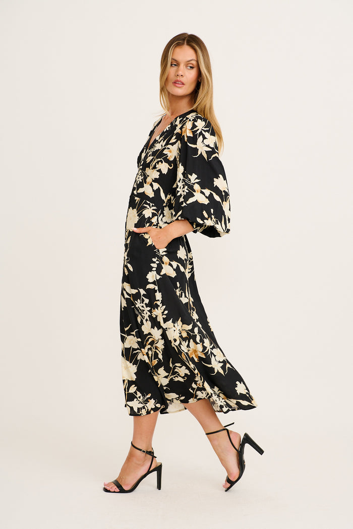 Golden Bloom Maxi Dress in Black Floral side