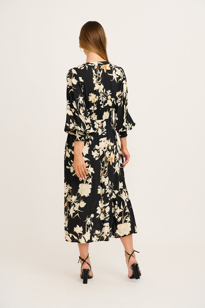 Golden Bloom Maxi Dress in Black Floral back