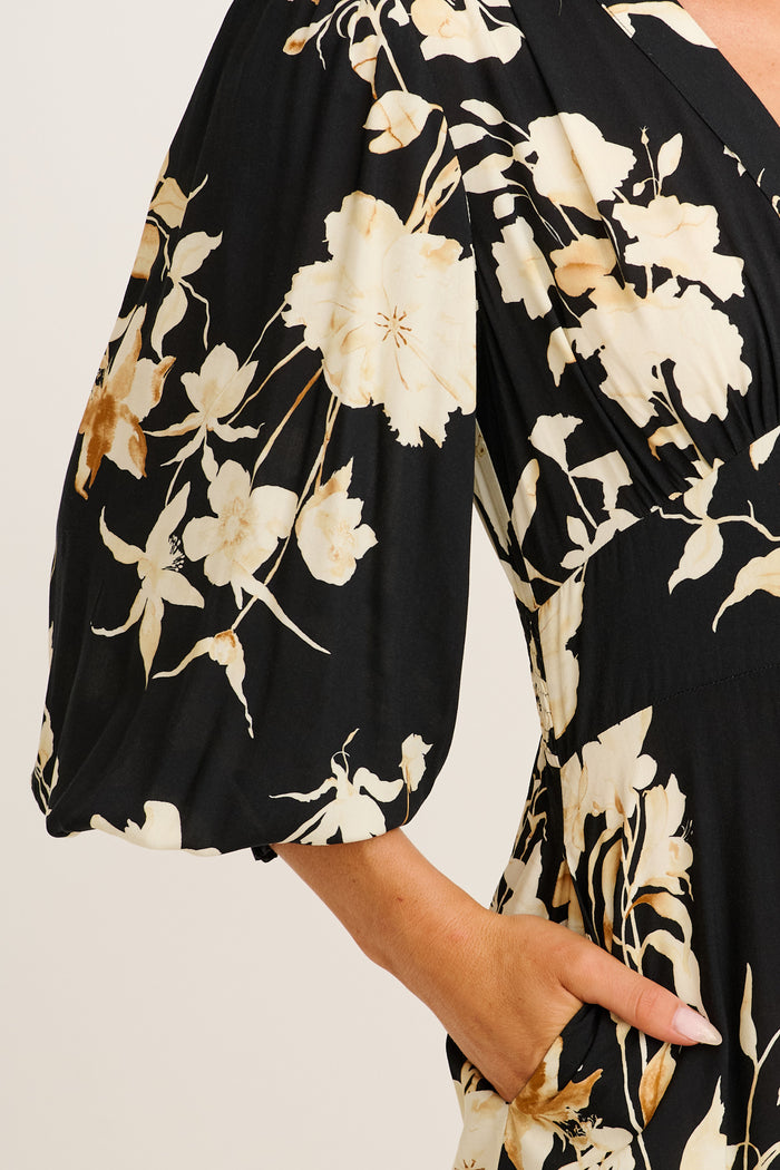 Golden Bloom Maxi Dress in Black Floral detail