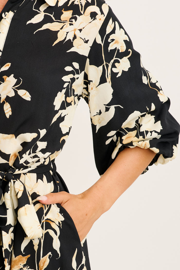 Floral Dreams Shirt Dress in Black Floral detail