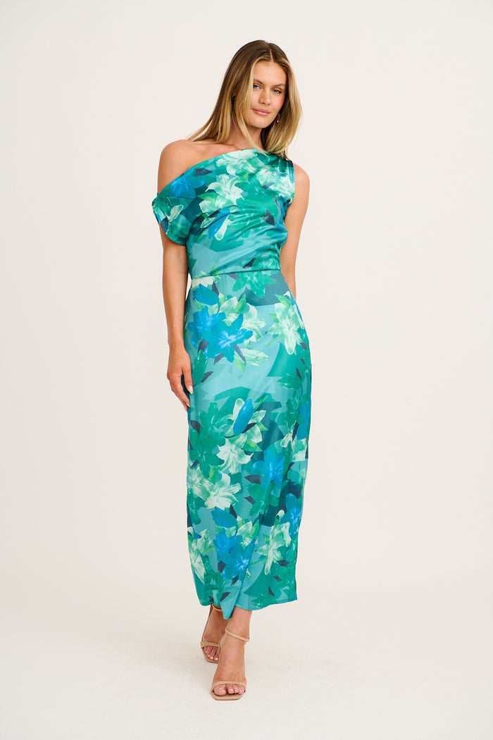 Moon Lily One Shoulder Maxi Dress in Emerald Floral Satin full length
