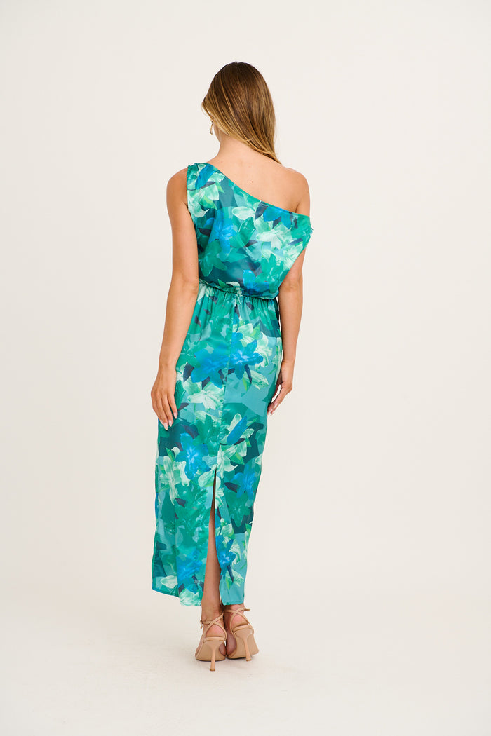 Moon Lily One Shoulder Maxi Dress in Emerald Floral Satin back