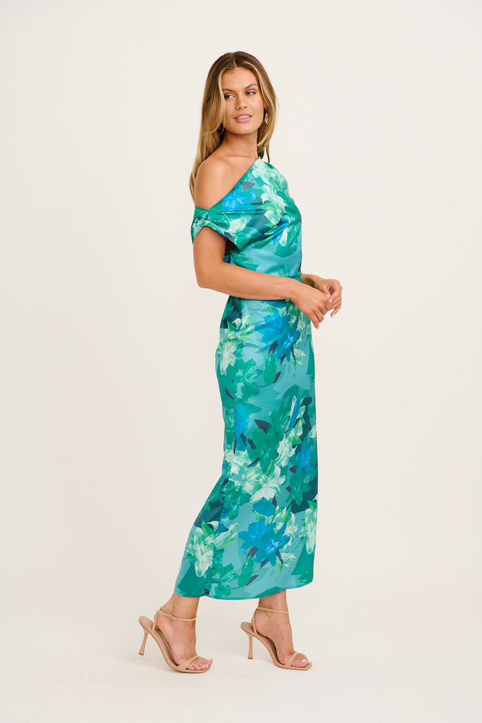 Moon Lily One Shoulder Maxi Dress in Emerald Floral Satin side