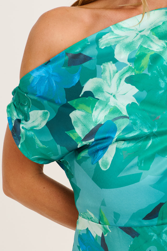 Moon Lily One Shoulder Maxi Dress in Emerald Floral Satin detail