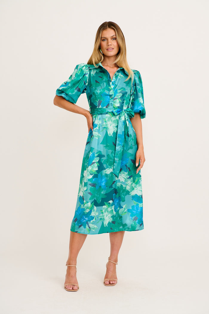 Sunia Midi Shirt Dress in Emerald Floral Satin full length