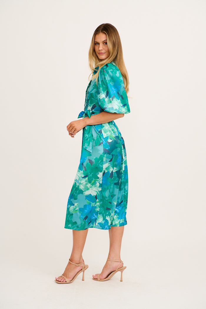 Sunia Midi Shirt Dress in Emerald Floral Satin side
