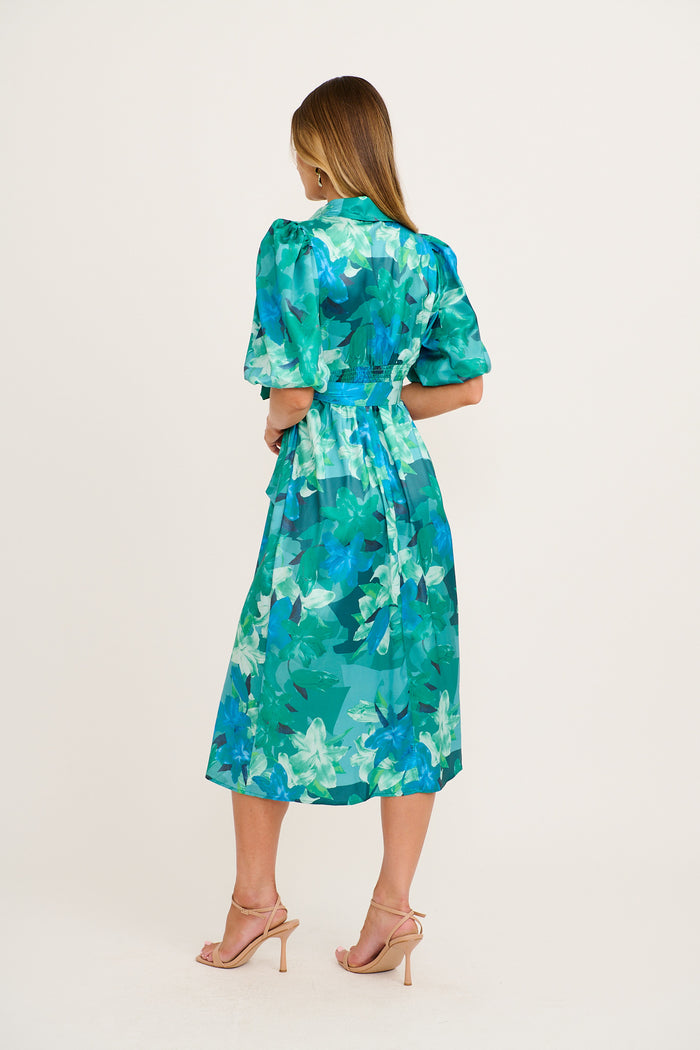 Sunia Midi Shirt Dress in Emerald Floral Satin back