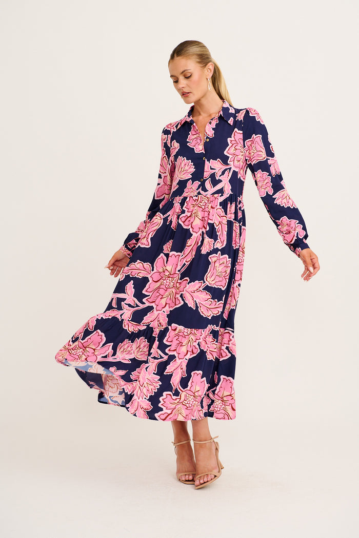Luxe League Midi Dress in Navy with Pink Floral full length