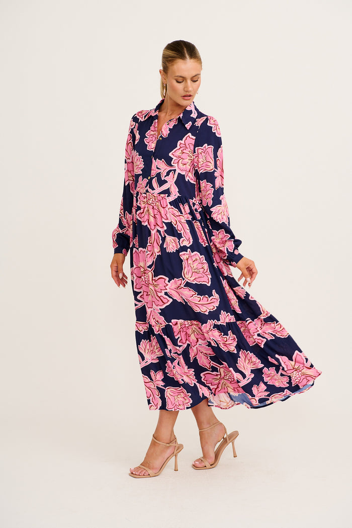 Luxe League Midi Dress in Navy with Pink Floral side