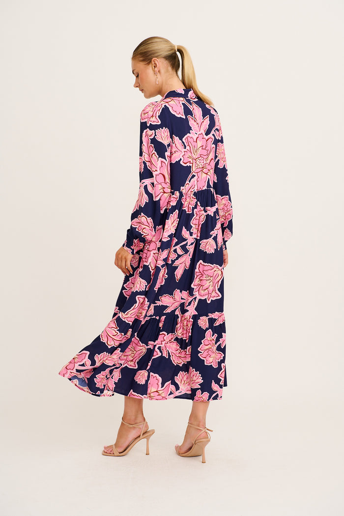 Luxe League Midi Dress in Navy with Pink Floral back