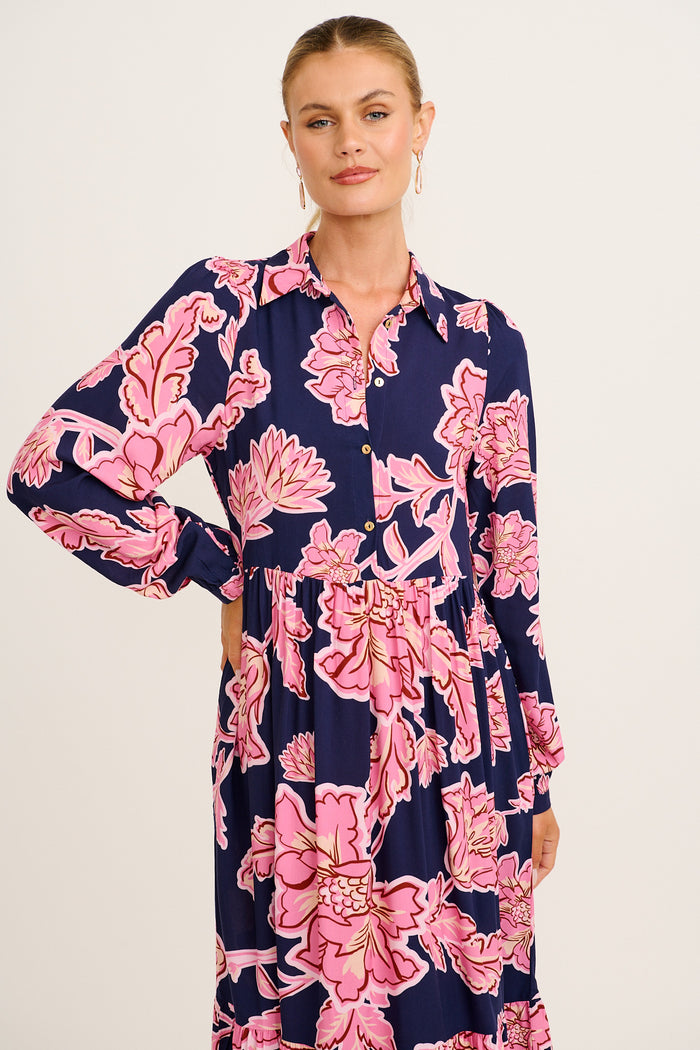Luxe League Midi Dress in Navy with Pink Floral front