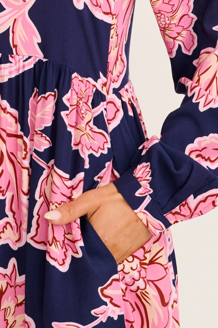 Luxe League Midi Dress in Navy with Pink Floral detail