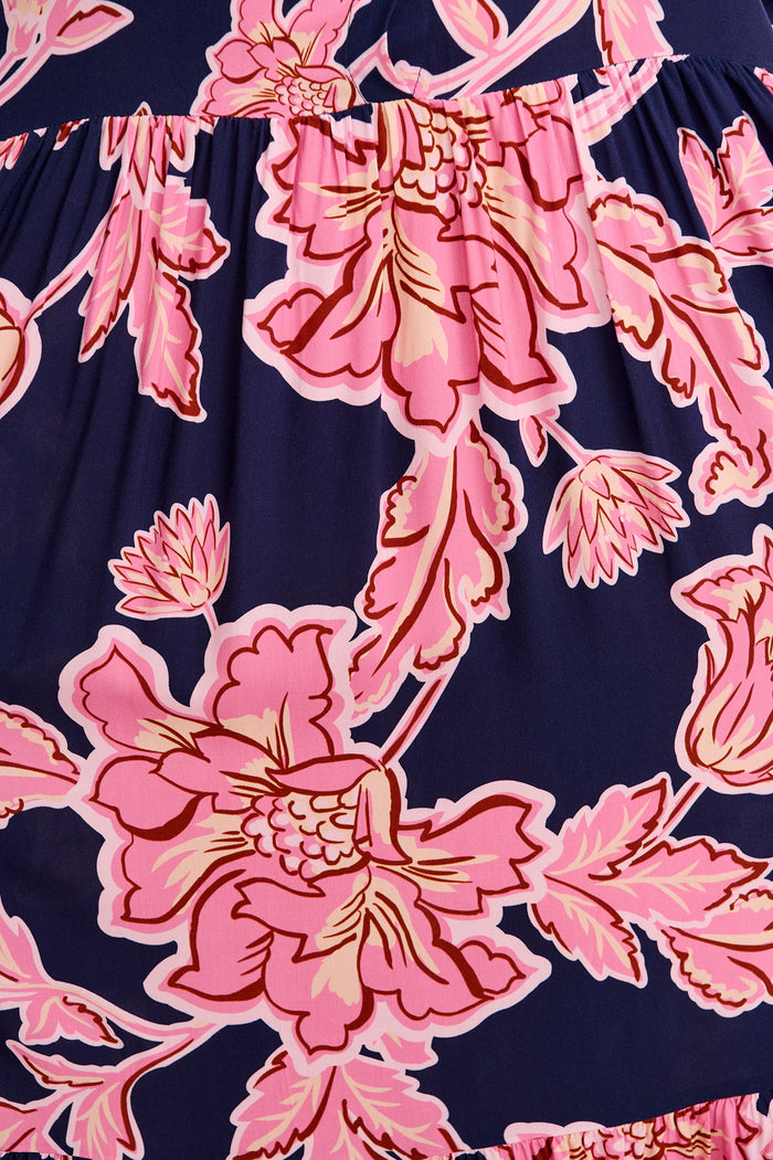 Luxe League Midi Dress in Navy with Pink Floral fabric