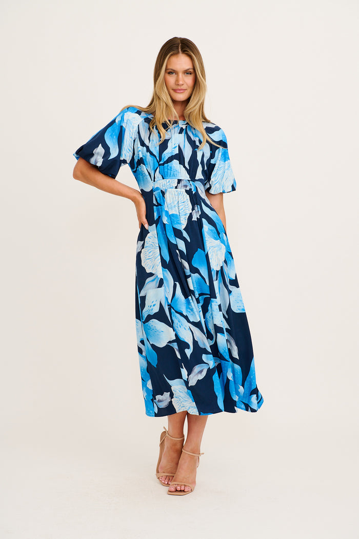 Sundown Soul Midi Dress in in Navy with Blue Floral full length
