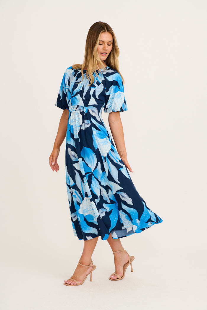 Sundown Soul Midi Dress in in Navy with Blue Floral side