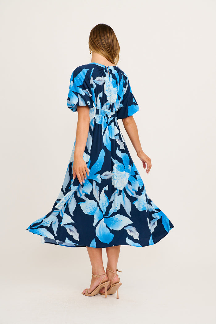 Sundown Soul Midi Dress in in Navy with Blue Floral back