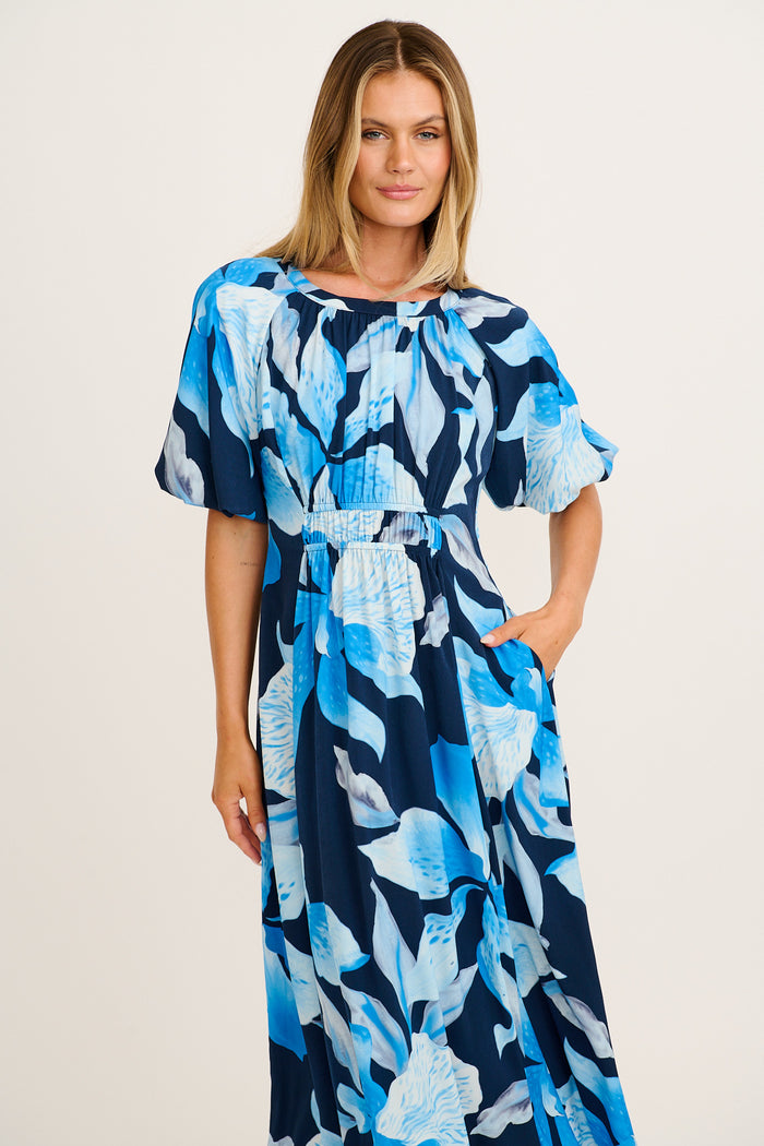 Sundown Soul Midi Dress in in Navy with Blue Floral front