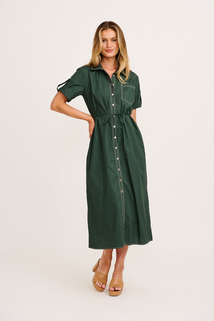 Refined Edge Midi Shirt Dress in Emerald Cotton full length