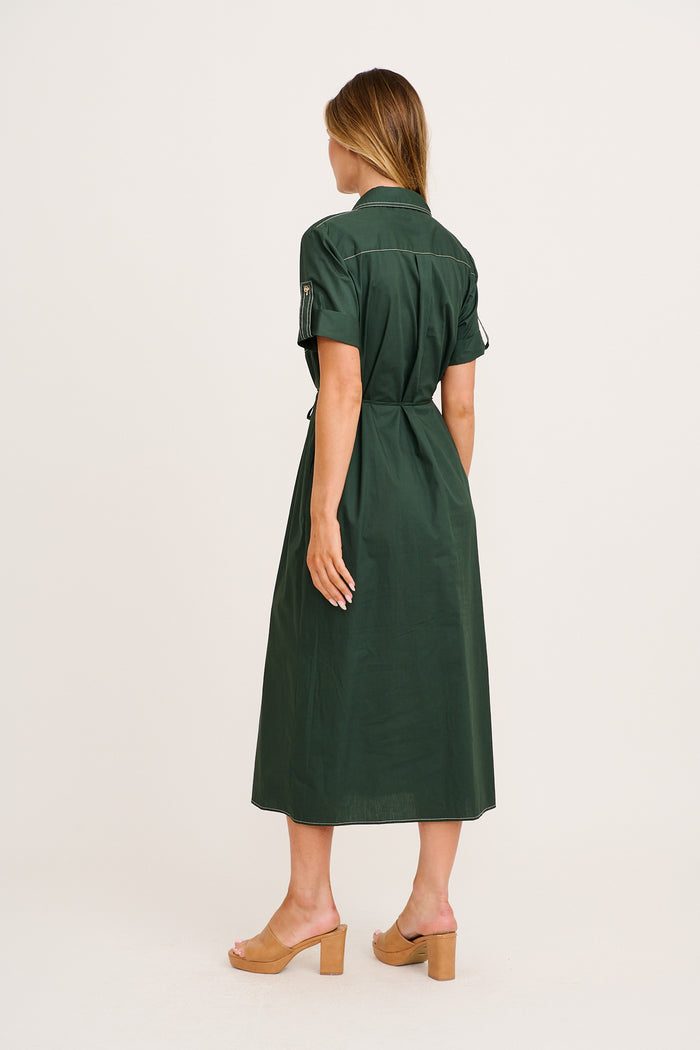 Refined Edge Midi Shirt Dress in Emerald Cotton back